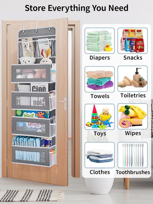 JARLINK 5-Shelf Over Door Hanging Organizer - Foldable Storage with Clear PVC Window | Large Capacity, Grey
