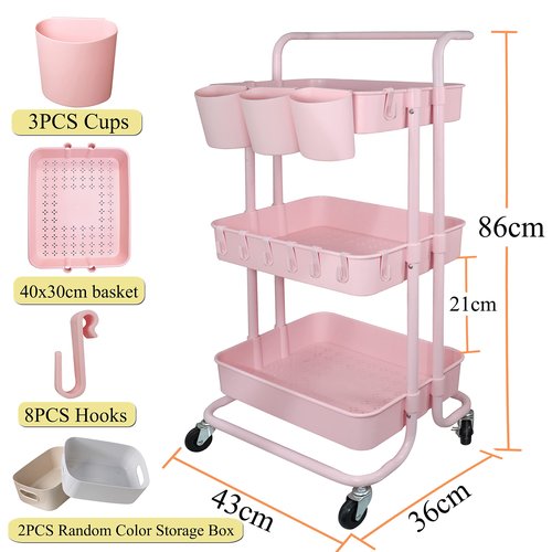 Freletry 3 Tier Utility Rolling Cart Storage Organizer Shelf Rack with 3PCS Hanging Cups + 8PCS Hooks + 2PCS Storage Box for Home Office Kitchen Bathroom (Pink 3 Cup+8 Hook+2 Storage Box)