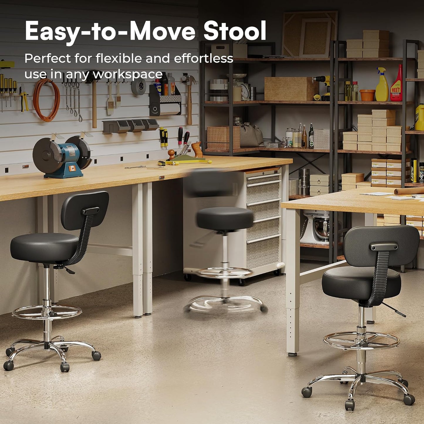 SUPERJARE Drafting Chair - Adjustable Rolling Stool with Foot Rest & Thick Cushion - Black