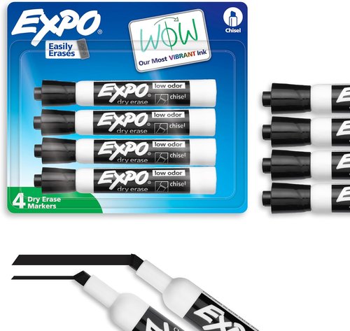 EXPO Dry Erase Markers - Low Odor Black Ink, Chisel Tip, 4 Count | Essential for Office & Classroom
