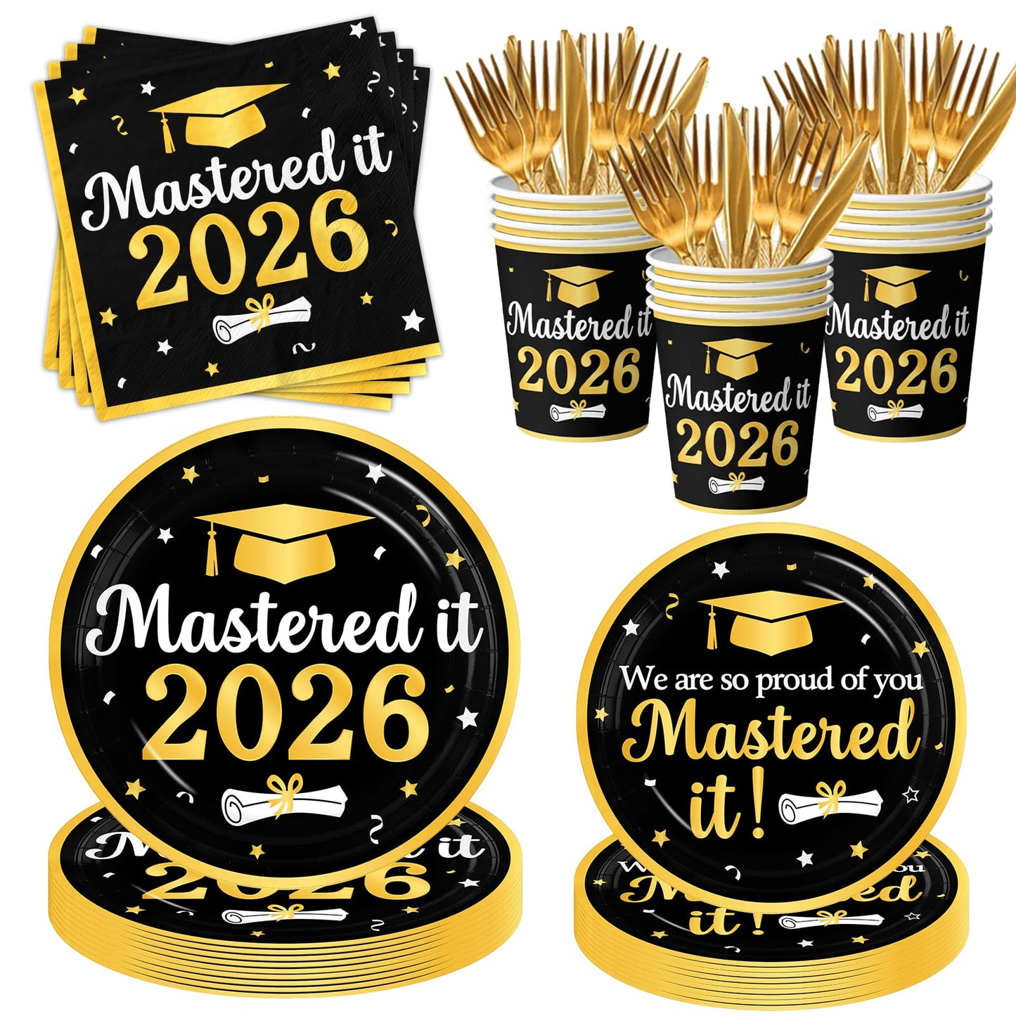 Graduation Decorations Class of 2026, Black Gold Mastered It 2026 Disposable Paper Plates Napkins and Cups for Master College High School Graduation Party Supplies Serve 25