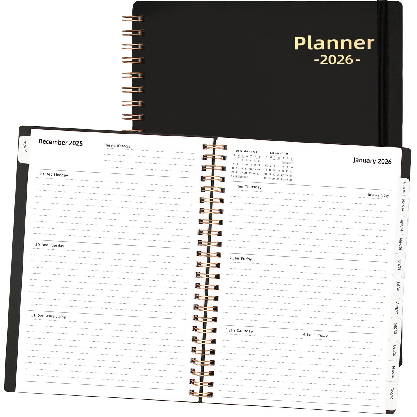 2026 Daily Planner, Jan.2026-Dec.2026, 6.2" x 8.4", 2026 Planner Weekly and Monthly, Calendar Planner 2026 with Tabs & Pocket, 100GSM Thick Paper, Black