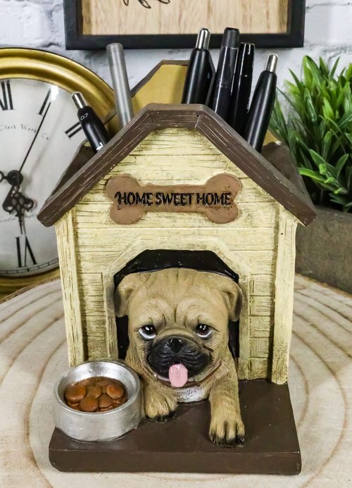 Ebros Gift Adorable Pugsie Puppy Pug Dog Sitting in Doghouse Kennel with Treat Bowl Stationery Pen Pencil Holder Caddy Organizer Figurine Pet Pal Labradors Collectible for Desk Study Office