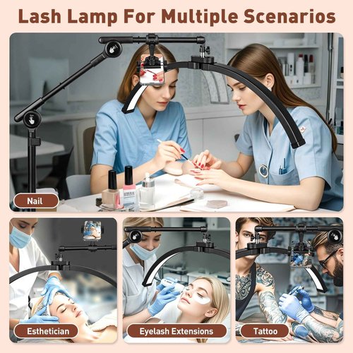 HITTI Half Moon Light for Eyelash Extensions Tattoo Artists, 2025 New Upgrad LED Lash Tech Light with 4 Wheel Rolling Base, Large Floor Eyelash Lamp 5 Color Modes Stepless Dimming & Phone Holder-Balck