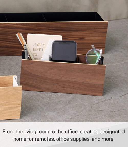 Yamazaki Home Rin Desk Organizer - Tv Remote Control and Pen Holder - Small - Steel + Wood