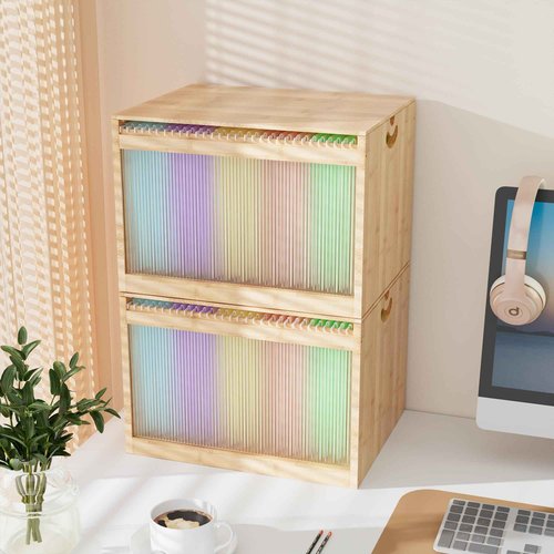 LONTAI Bamboo Hanging File Boxes with Lids 2 Pack, File Organizer Box for Letter/Legal File, File Box with Hanging Folders Acrylic Light Easy Assembly File Storage Boxes for Home Office, Natural