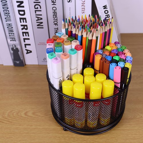 Flytreal Pen Holder for Desk, 360 Rotating Mesh Pencil Organizer Marker Storage Caddy, Black Large Capacity Desktop Stationery Organizer, 4 Compartments for Home Office School Kids Art Supplies