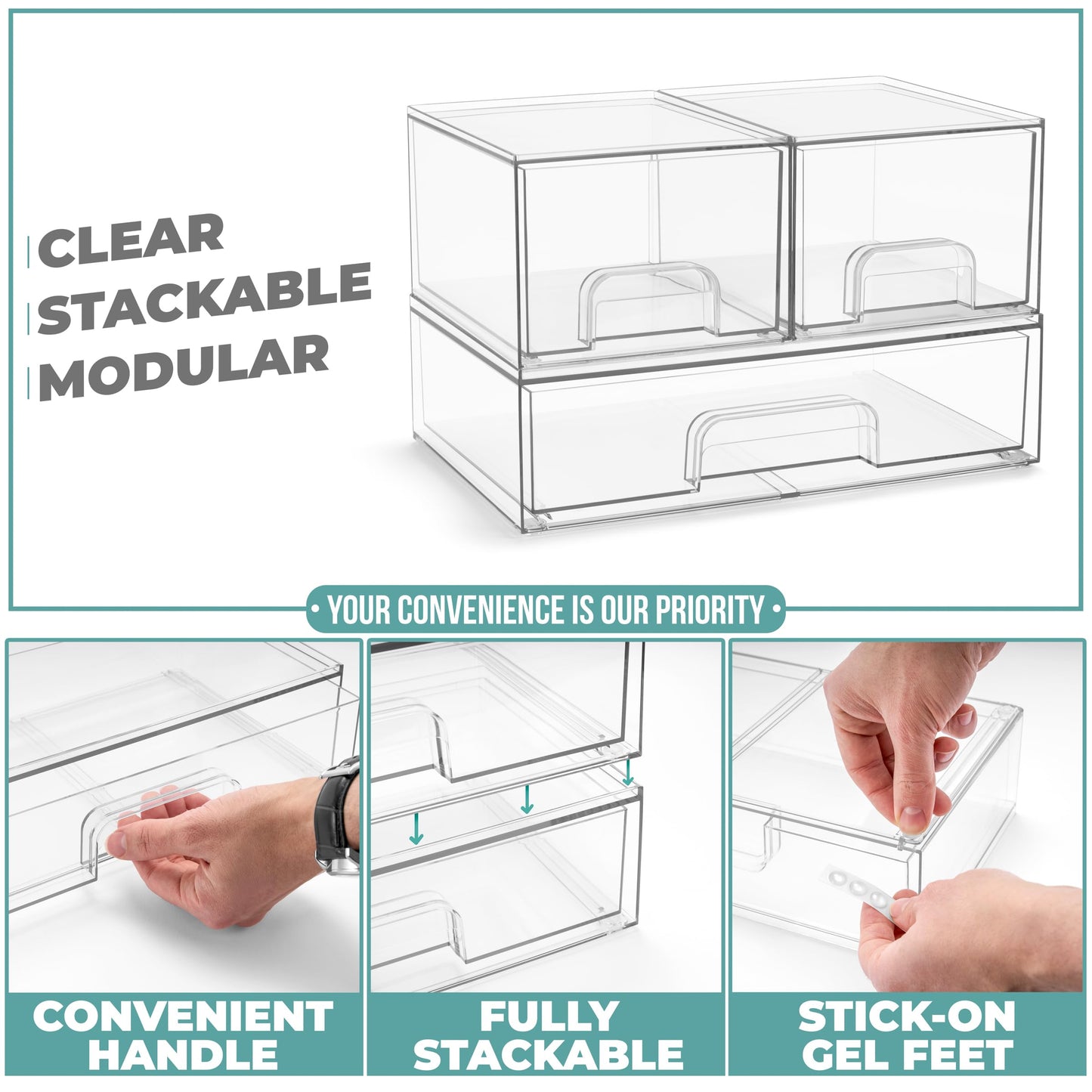 Sorbus Stackable Acrylic Storage Drawers – 2 Small + 1 Wide – 3 Pack Clear Plastic Organizer Bins for Baby Bottles, Makeup, Bathroom & Vanity, Pull-Out Drawer Design for Kitchen Cabinets