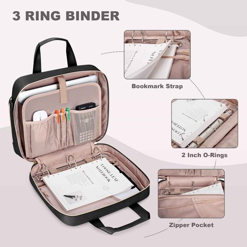 Prokva 3 Ring Zipper Binder 2 Inch, Accordion File Organizer with Shoulder Strap, Zip Up Binder with 500-Sheet Capacity, Black