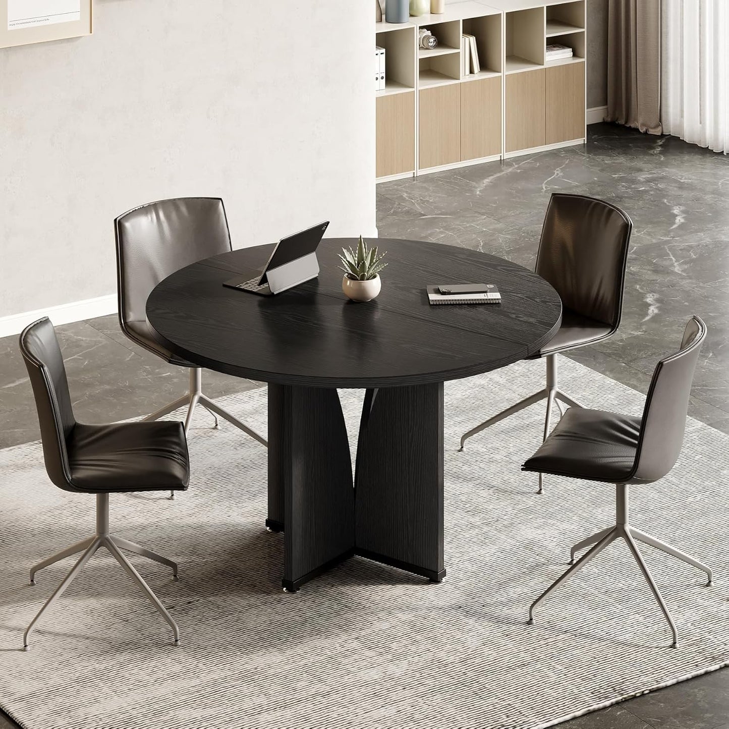 LITTLE TREE 39-Inch Small Conference Table for 4, Round Meeting Table with X-Shape Pedestal, for Office, Conference Room, Small Spaces, Black