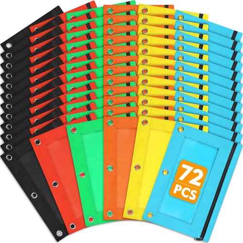Letapapa 72 PCS Pencil Pouch for 3 Ring Binder, Zipper Pencil Pouches in 6 Colors, 3 Ring Pencil Pouches with Clear Window, Binder Pencil Pouch Bulk for Classroom Office School Supplies