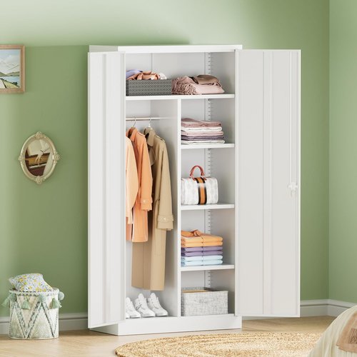 INTERGREAT Metal Wardrobe Closet - 71" White Locking Storage Cabinet with Doors & Shelves for Home, Office, Gym