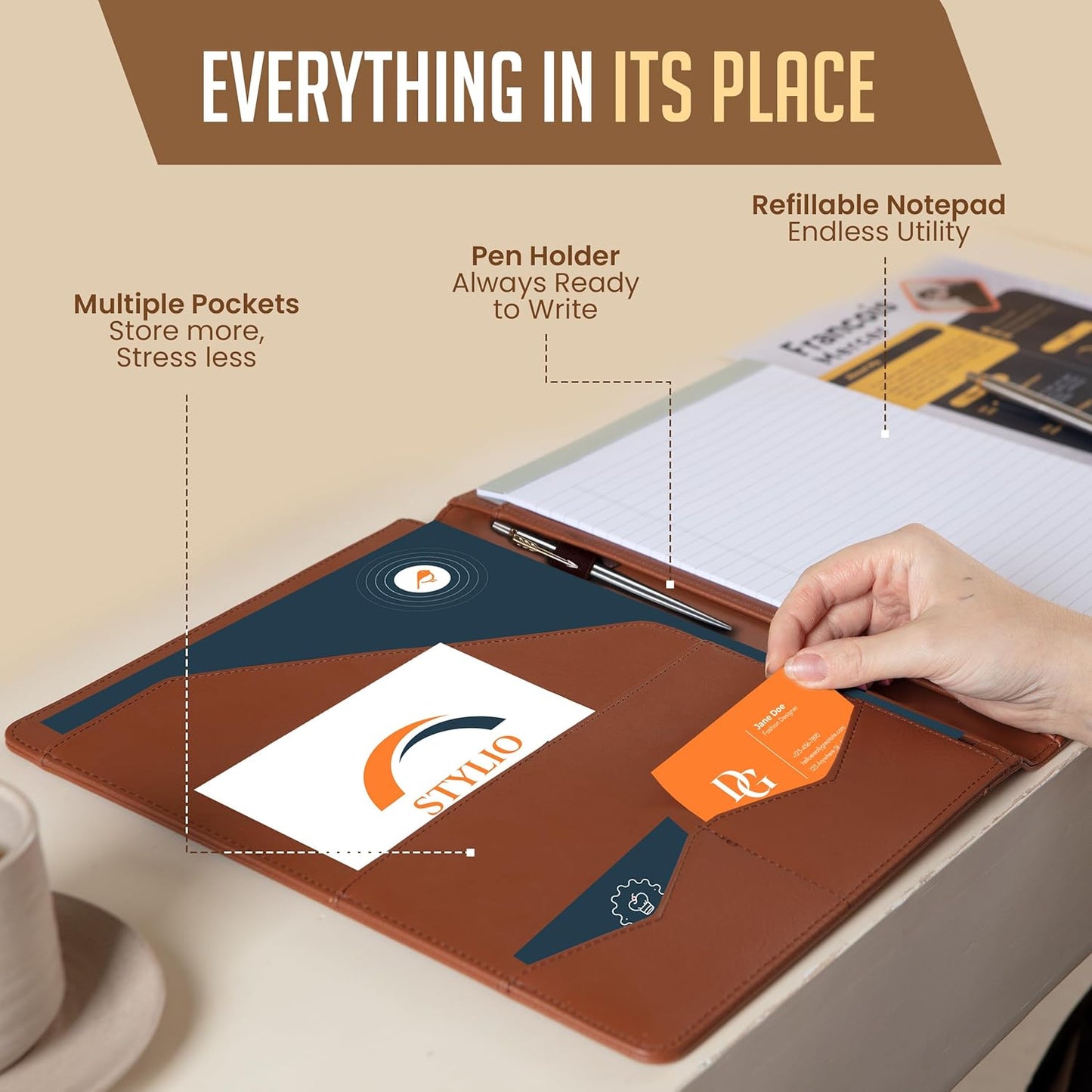 Stylio Padfolio | Elegant Tan Portfolio Organizer with Letter-Sized Notepad & Business Card Holder