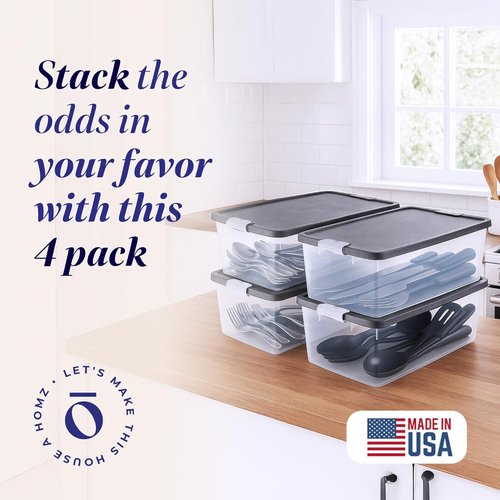 HOMZ 4-Pack Clear Plastic Storage Organizer Bins - 15 Quart Stackable Containers with Gray Lids for Home & Office