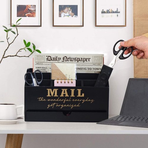 EXQUIDECA Wooden Black Rustic Countertop Mail Storage Holder with Drawer and Compartments - Office Desk Accessories and Workspace Organizers - Desktop Sorter for Pen Stationery Letter Files Documents