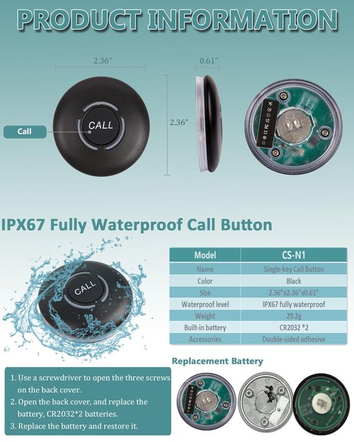 WNKRUN Wireless Restaurant Pager System with 1 Waterproof Watch Pager and 2 Call Buttons (2 N1 Buttons)