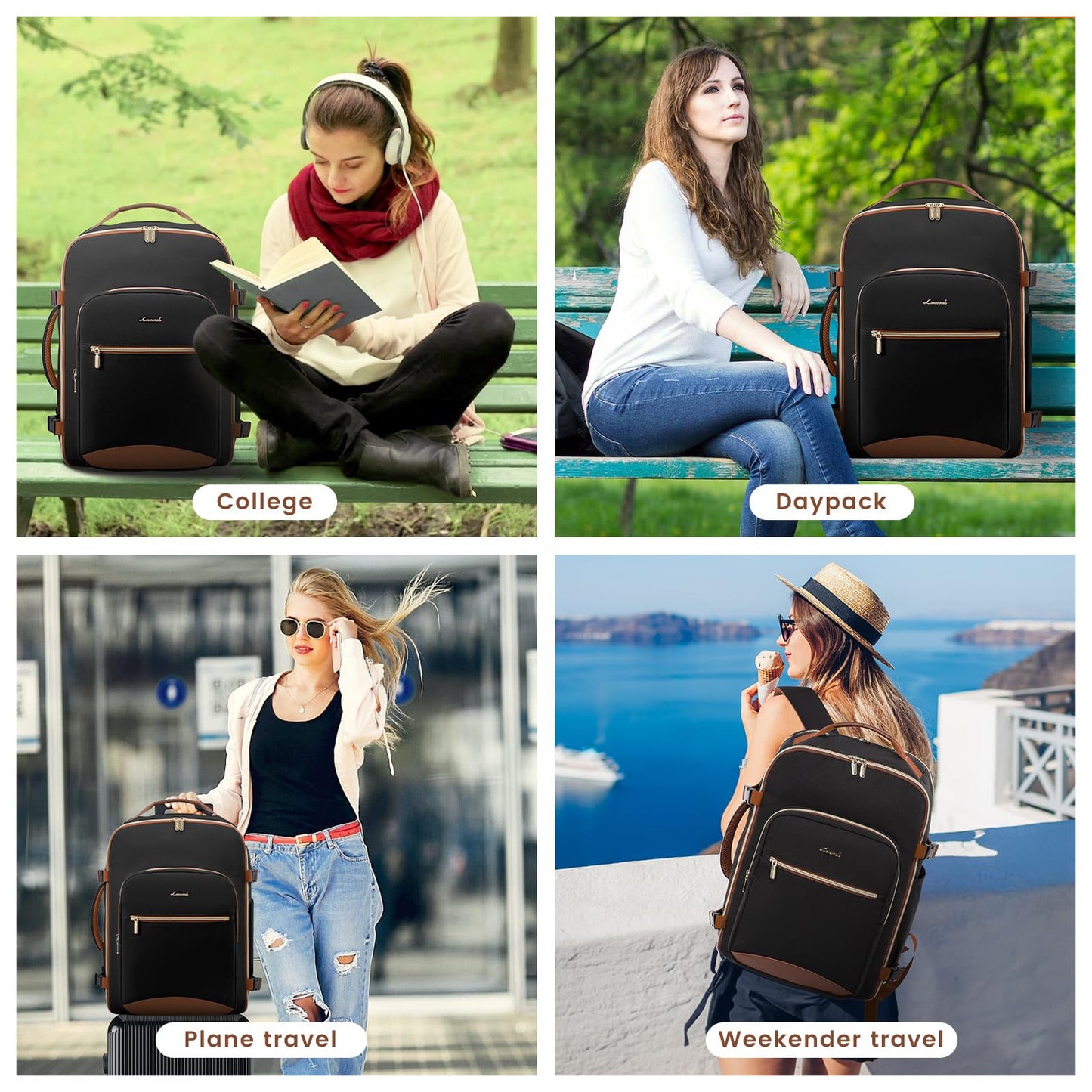 LOVEVOOK Travel Backpack for Women, Flight Approved Carry on Backpack for Traveling on Airplane, 40L Personal Item Bag Airline Approved, 17 Inch Causal Weekender Backpack with 3 Packing Cubes, Black