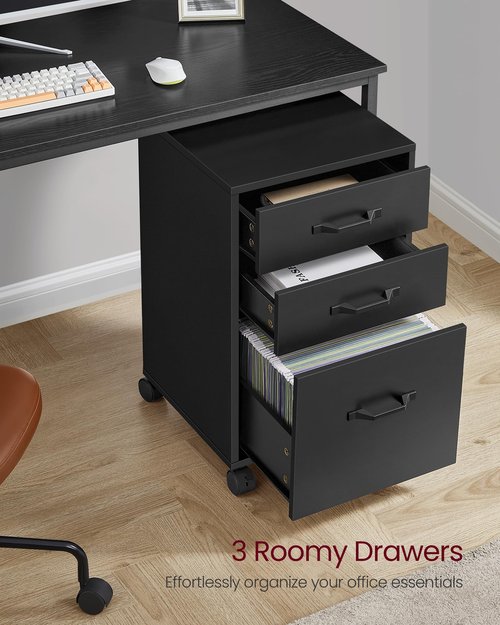 VASAGLE File Cabinet, 3 Drawers Filing Cabinet for Home Office, with Wheels, for A4, Letter Sized Documents, Hanging File Folders, Ink Black UOFC065B16