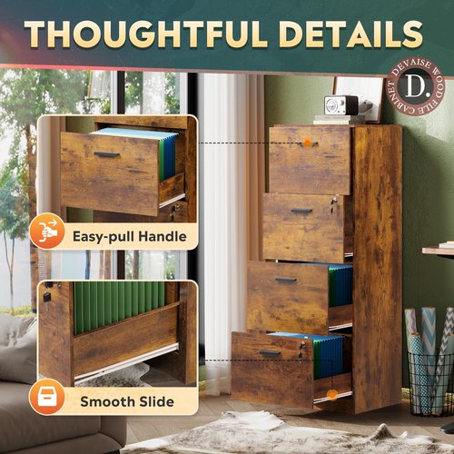 DEVAISE 4 Drawer File Cabinet with Lock, Vertical Filing Cabinet for A4/Letter Size Files, Wood Storage Organizer for Home Office, Rustic Brown