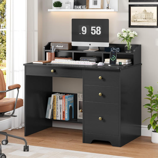 TTVIEW Computer Desk - Wood Writing Table with Drawers & Hutch Shelf | 43” Wide, Black Finish