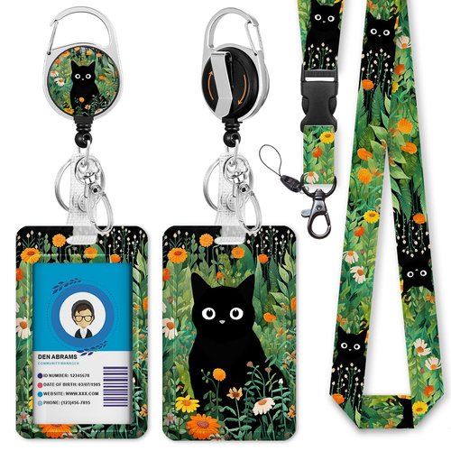 Black Cat Flower Lanyards for Id Badges, Id Badge Holder Heavy Duty and Retractable Keychain, Cute Badge Reel with 360 Degrees Rotate Carabiner Clip, Women Student Daily Office