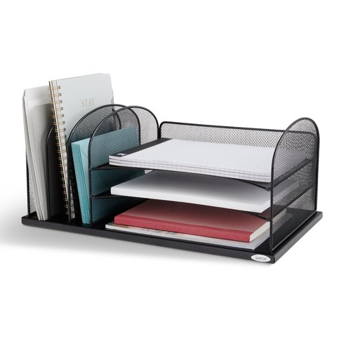 Safco Onyx Desk Organizer, 3 Vertical Compartments and 3 Trays, Office and Classroom Mailbox , Paper and Mail Sorter, Steel Mesh, Black
