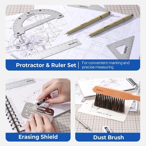 Nicpro 21PCS Professional Drafting Tools Set - Architect Compass, Protractor, Metal Pencils & Ruler