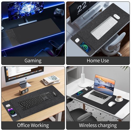 Wireless Charging Mouse Pad,Dual Fast Charger, Reversible Felt & PU Leather Desk Mat, for Office & Gaming, Large Surface, iPhone & Android Compatible – Black