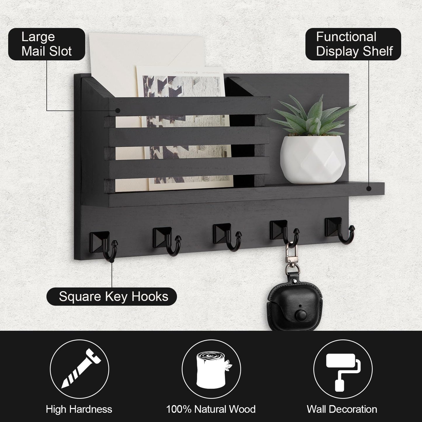 Lucundm Key Holder Wall Mount, Mail Organizer for Wall with 5 Square Rustic Key Hooks Key Shelf Farmhouse Home Decor for Entryway