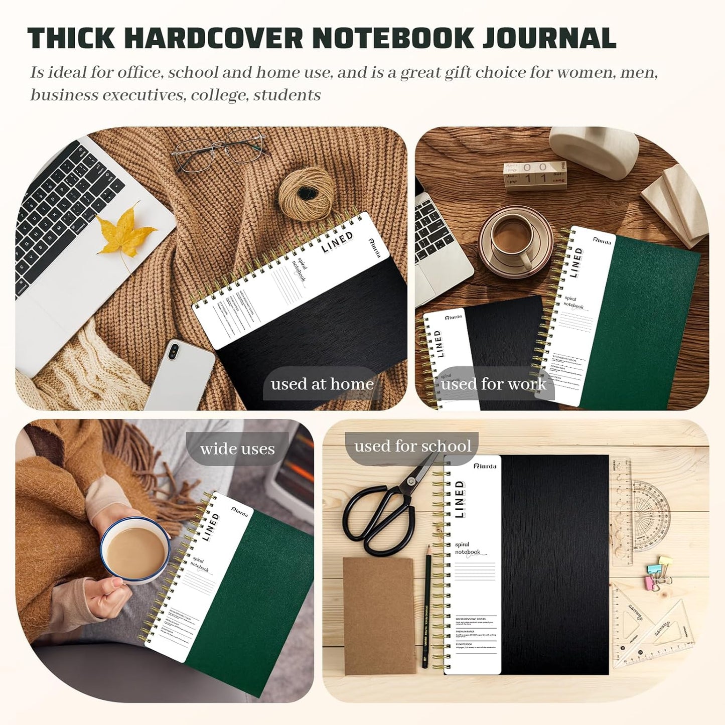 Skiennix Hardcover Spiral Notebook - 300 Pages, 5 Subject with Removable Dividers | Black 8"x10" College Ruled Journal for Work and Note Taking