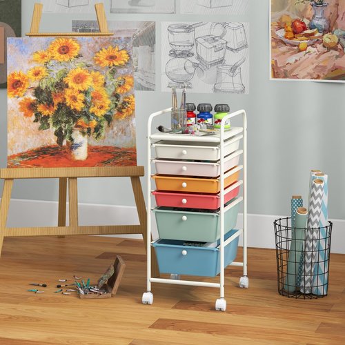 COSTWAY 6-Drawer Rolling Storage Cart, Multifunctional Art Craft Tools Organizer on Wheels, Heavy Duty Utility Mobile Storage Trolley w/ 2 Lockable Wheels for Home Office School, Macaron