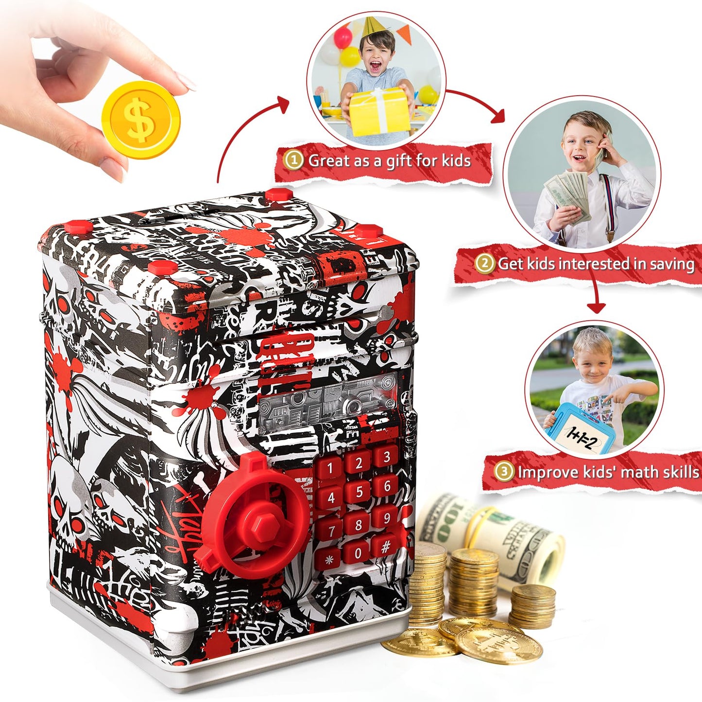 ATM Piggy Bank for Boys Girls, Vcertcpl Mini ATM Coin Bank Money Saving Box with Password, Kids Safe Money Jar for Adults with Auto Grab Bill Slot, Great Gift Toy Bank for Kids