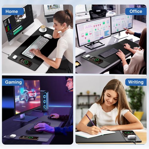Magnetic Wireless Charging Mouse Pad, 31.5"x15.8" Large Gaming Desk Mat with Superior Stitched Edges, Non-Slip Base, Waterproof Ultra-Smooth Surface Keyboard Pad for Gamer, Office & Home, Black