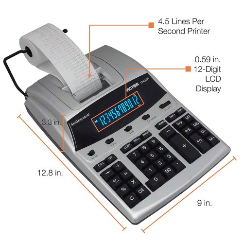 Victor 12-Digit Desktop Adding Machine, Large Easy To Read Display, Tape Print Out with 4,5 lines-per-second ribbon printer, Tax, Cost, Sell and Margin keys (1240-3A)
