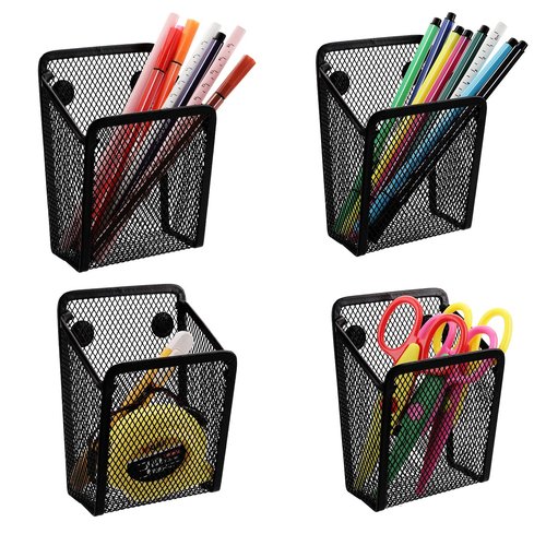 Jucoan 4 Pack Magnetic Pen Pencil Holder, Metal Mesh Organizer Basket with Strong Magnets for Whiteboard, Refrigerator, School Locker Accessories, Home, Office