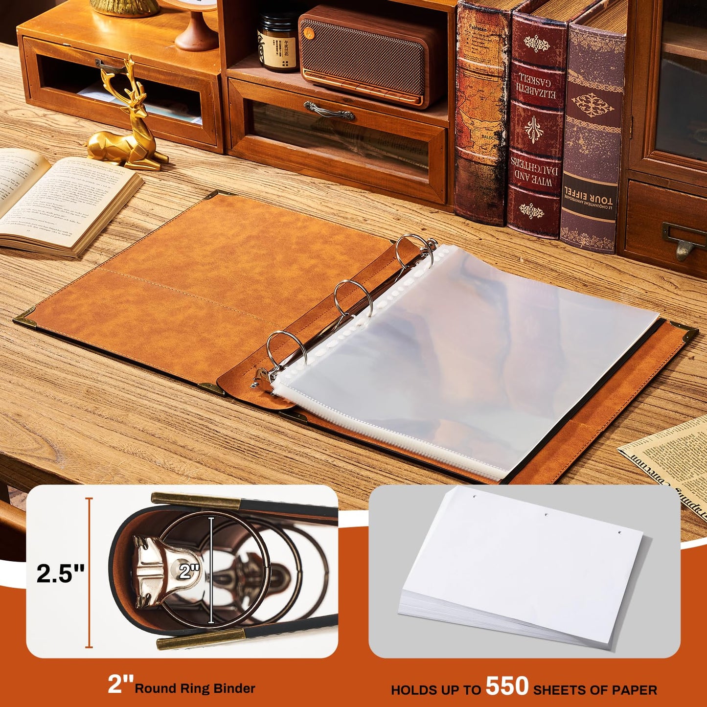 Ovesmusl PU Leather 3 Ring Binder Fits 8.5"x11" Letter Size Paper, 2 Inch Round Ring Binder Holds 500 Sheets, Notepad Paper Cover Loose Leaf Organizer, Brown Sun