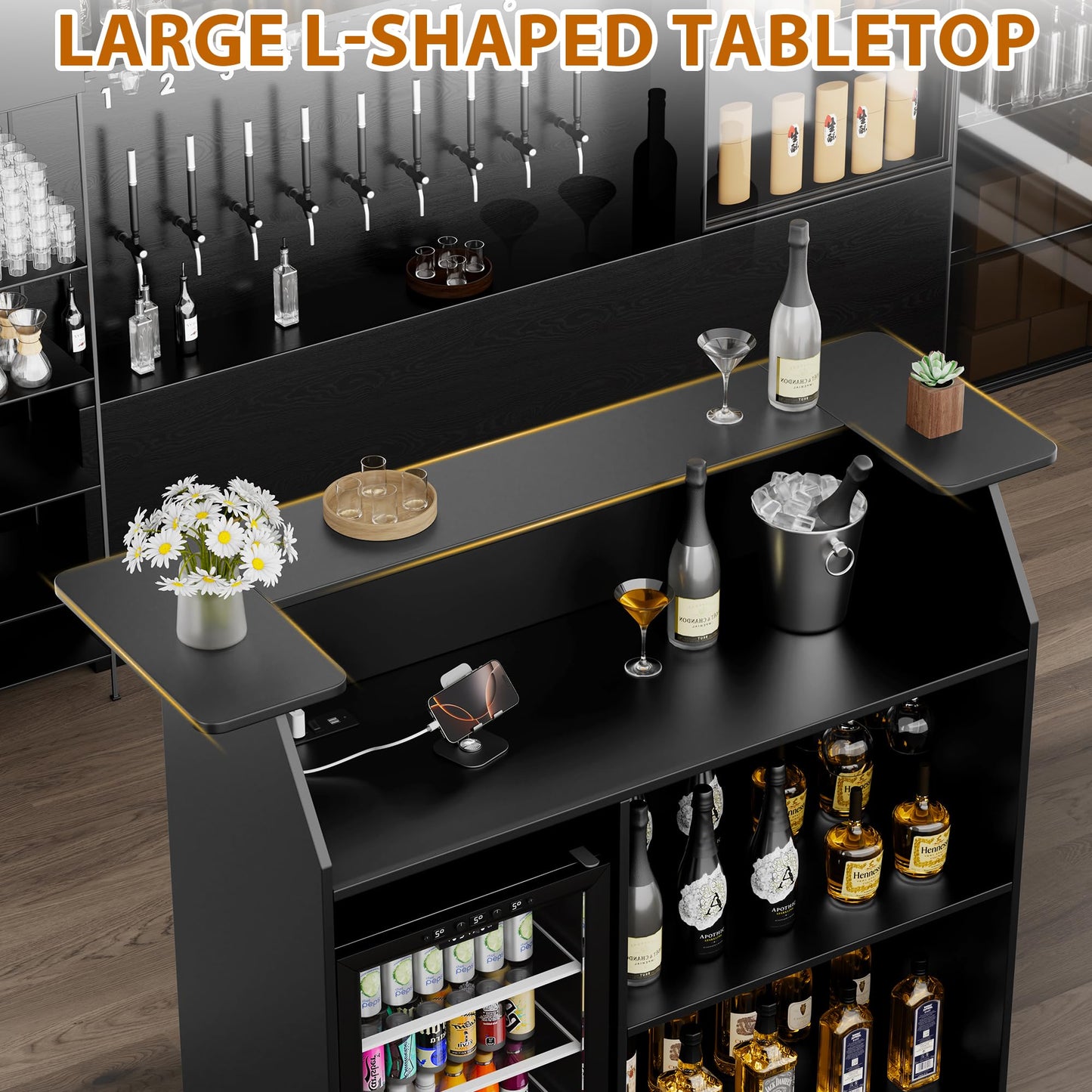 Home Bar Cabinet with Mini Fridge Space, Liquor Bar Cabinet for Home with Storage Shelves, Wine Glasses Holder, Power Outlet, Mini Fridge Cabinet with Storage, Wine Bar Cabinet for Living Room