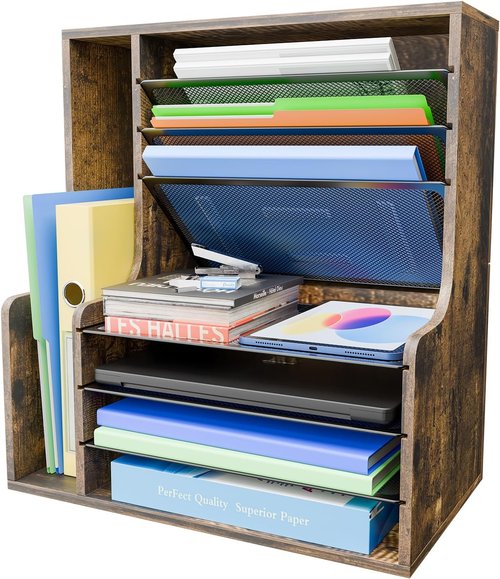 Skiennix 7-Tier Desk File Organizer - Wooden Letter Tray with Adjustable File Holder | Office Supplies Storage