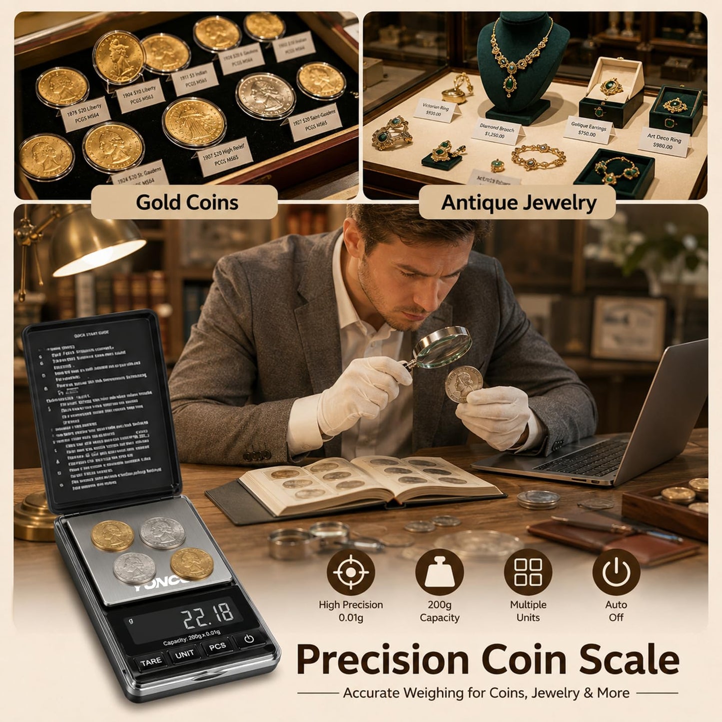 YONCON Digital Coin Scale, Gram Scale 0.01g Accuracy for Coin Collectors, Bank Tellers and Home Use, Ideal Scale for Gold and Jewelry, 200g Capacity with Calibration Weight
