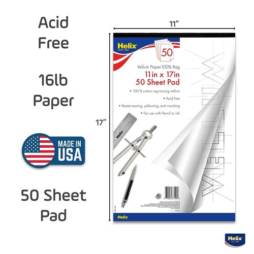 Helix - 100% Rag Vellum Paper Pad - 11 Inch x 17 Inch - 50 Sheet Pad - Acid-Free - Drafting, Art, Sketching and Tracing
