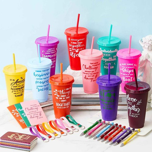 Hollowfly 96 Pcs Team Appreciation Gifts for Employee 24 oz Inspirational Plastic Cups Bulk with Lid and Straw Notebooks Ballpoint Pens Keychain Set Thanksgiving Christmas Gifts (Colorful)