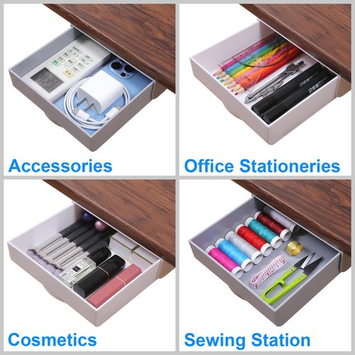 LuluEasy 2 Pack Under Desk Drawer Self-Adhesive Desktop Storage Organizer, Hidden Attachable Slide Out Desk Drawer, Under Table Tray for Pencil Pen Stationery Office Organization, White