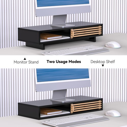 WELL WENG Monitor Stand Riser with Sliding Door, Computer Laptop Stand Desk Shelf Organizer with Storage (Black + Natural Bamboo, 25 Inch)