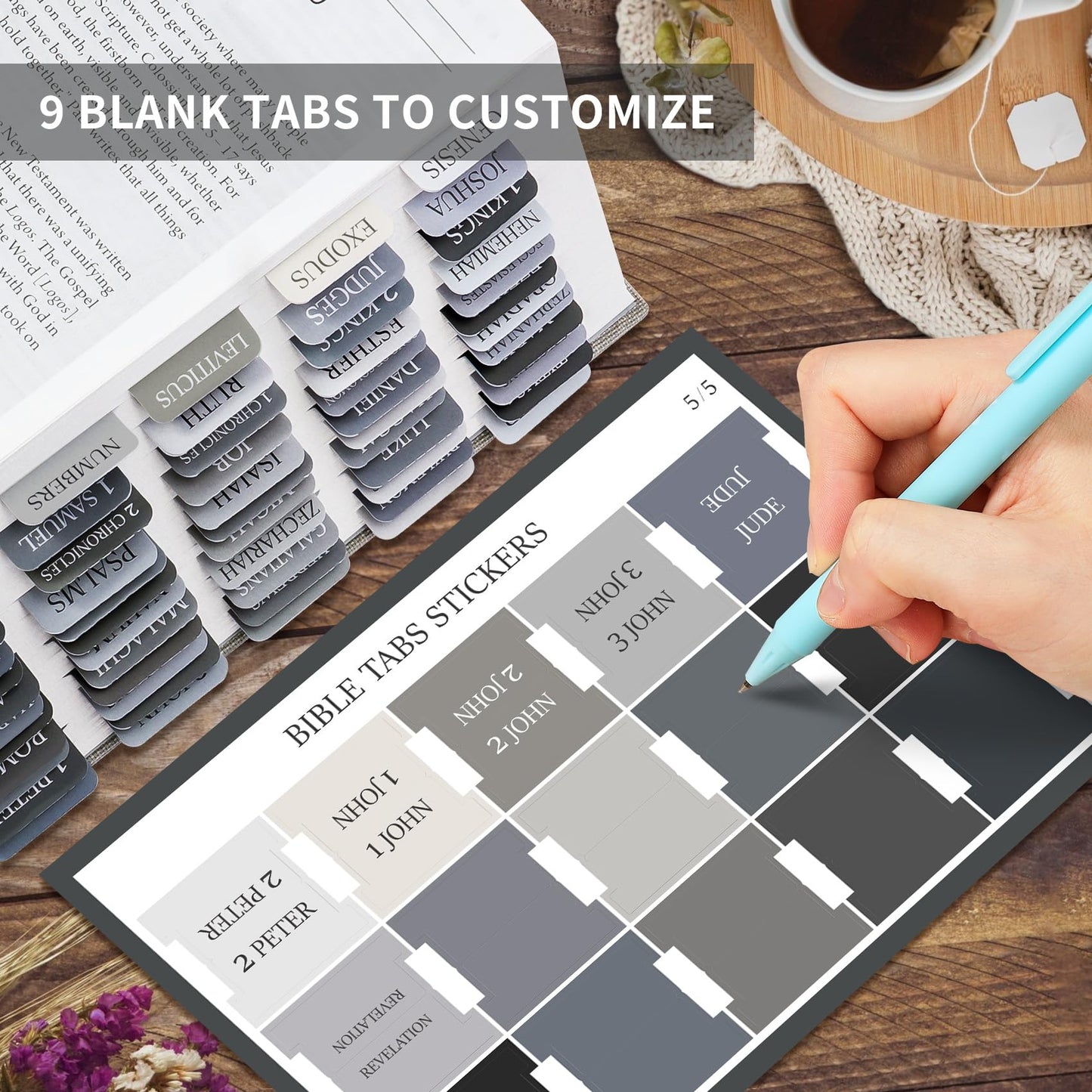 Bible Tabs for Women & Men, Bible Tabs for Study Bible, Large Print Bible Tabs for Easy Navigation, Bible Index Tabs, 66 Tabs Old & New Testament, Extra 9 Blank Tabs - Gray