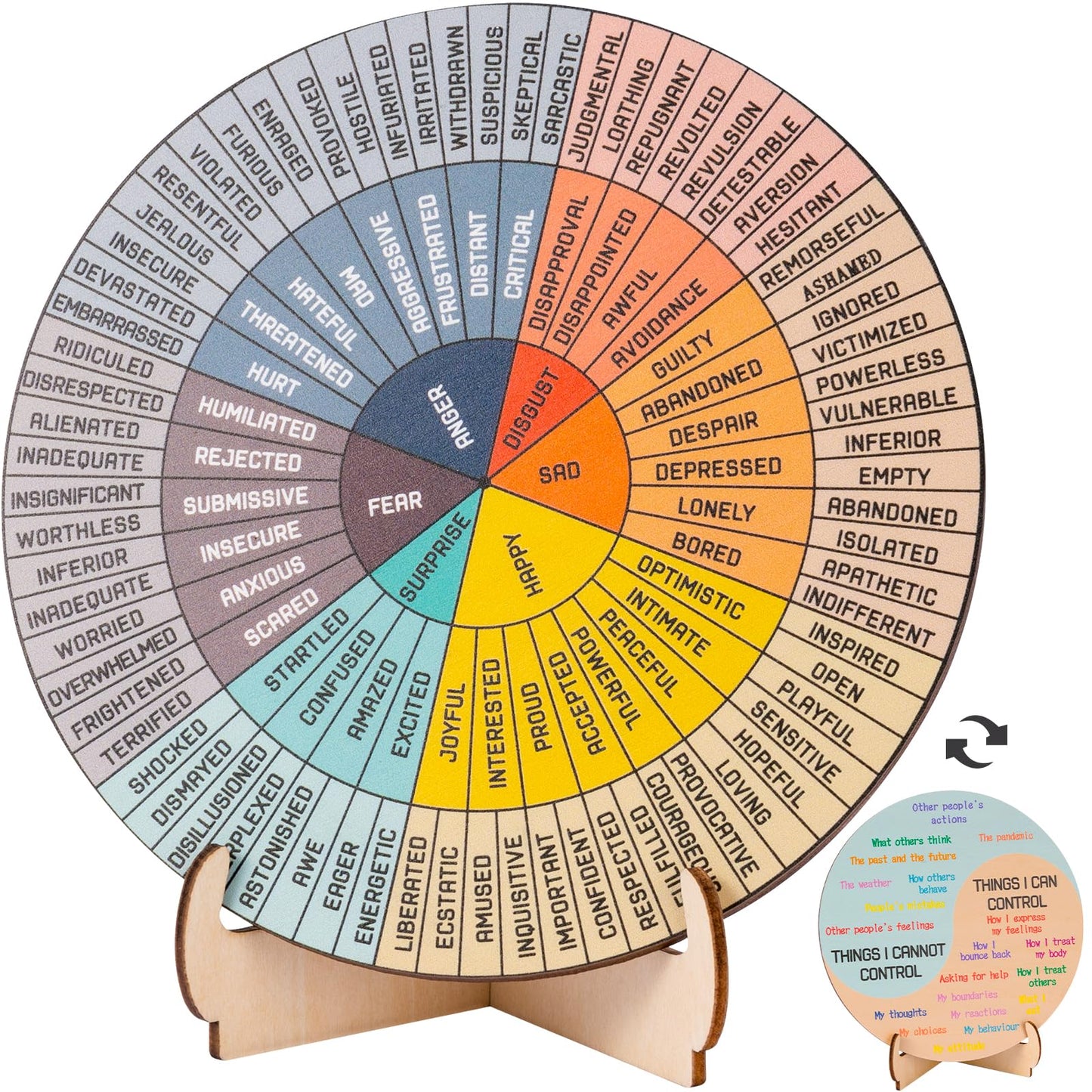 Feelings Wheel Therapy Office Desk Decor - 10.6" Large Double Sided Mental Health Emotions Chart with Stand, Therapist Gifts for Home Office Women Man