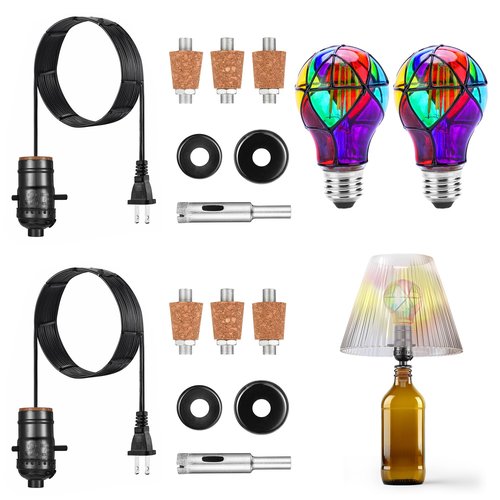 2 Set DIY Wine Bottle Lamp Kit with E26 LED Light Bulbs for Liquor Bottle, with Glass Drill Bit and Lid Black Cord Lamp Socket, 3 Size Tapper Cork (W/ 2 Stained Glass Light Bulbs)