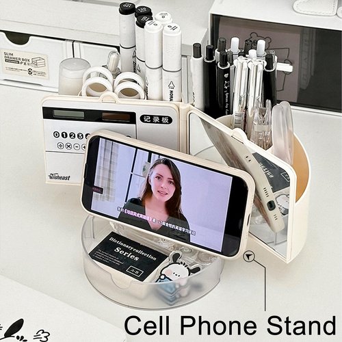Pencil Pen Holder for Desk with Calculator, Mirror, 7 Slots 180° Opening, Desk Organizers and Accessories, Desktop Storage Stationery Supplies for Office, School, Home, Art Supply, Gifts(Pink)