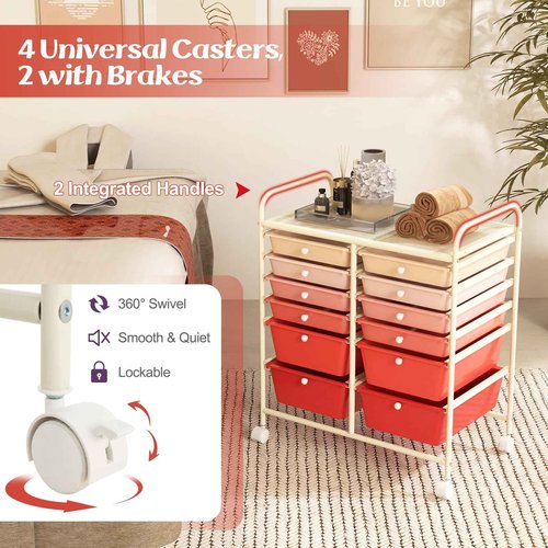 Julimoon 12 Drawer Rolling Storage Cart, Multipurpose Storage Organizer Cart with Lockable Casters, Mobile Utility Cart for Garage Office Home Kitchen (Gradient Pink), HW56500