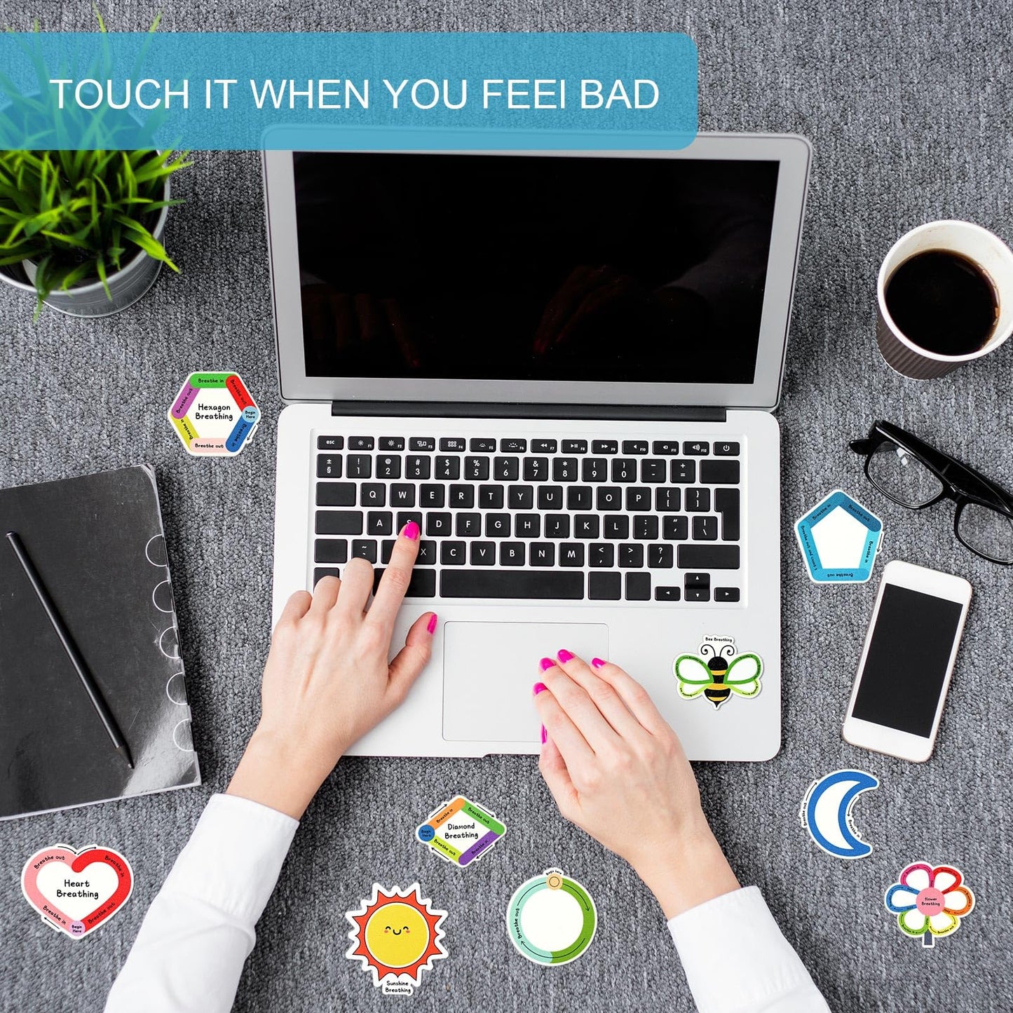 Crtiin 100 Pcs Sensory Strips Anxiety Mindfulness Stickers Stress Breathing Sensory Sticker Different Textures Rough Tactile Tape for Mental Health Adults Desk Anxiety Relief(Cute)