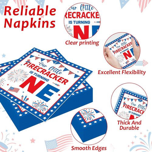 Little Firecracker 96-Piece First Birthday Party Tableware Set - Plates & Napkins for 24 Guests | 4th of July Independence Day Decorations